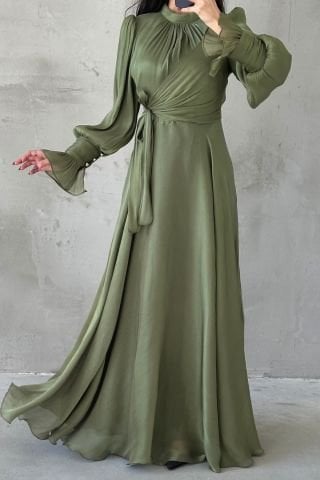 Işıltılı Kol Ve Bel Detaylı Tesettür Abiye Haki