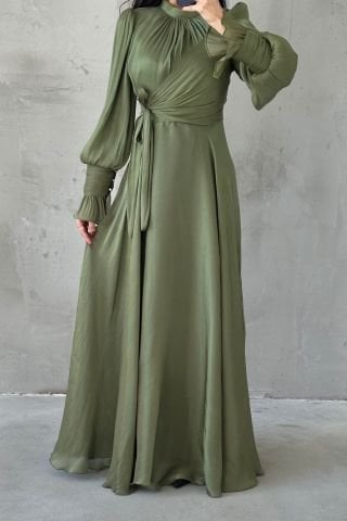 Işıltılı Kol Ve Bel Detaylı Tesettür Abiye Haki