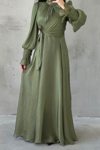 Işıltılı Kol Ve Bel Detaylı Tesettür Abiye Haki