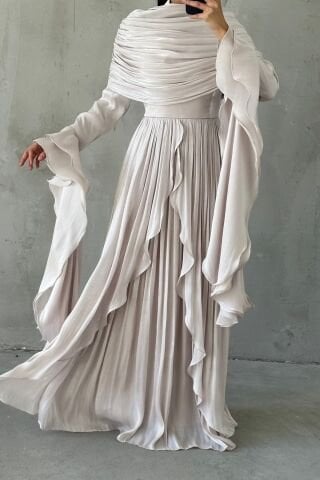 Ruffle Detailed Ruffled Janjan Hijab Evening Dress Stone