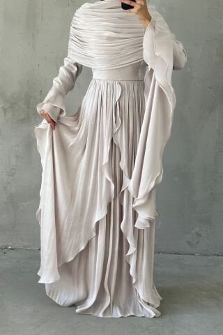 Volan Detaylı Fırfırlı Janjan Tesettür Abiye Taş