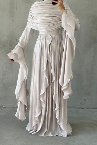 Volan Detaylı Fırfırlı Janjan Tesettür Abiye Taş