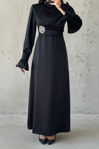 Elegant Design Stone Detailed Flounce Sleeve Hijab Evening Dress Black