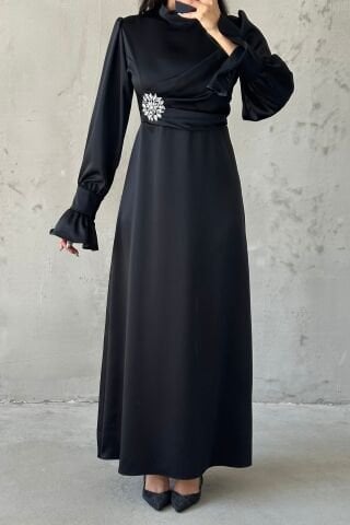 Elegant Design Stone Detailed Flounce Sleeve Hijab Evening Dress Black