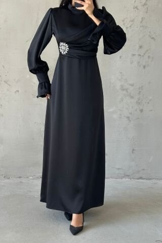 Elegant Design Stone Detailed Flounce Sleeve Hijab Evening Dress Black