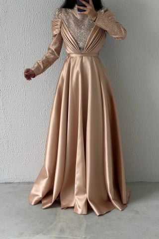 İnci Işıltılı Drapeli  Saten Tesettür Abiye Bakır