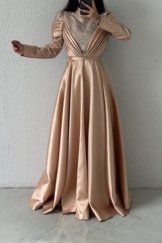 İnci Işıltılı Drapeli  Saten Tesettür Abiye Bakır