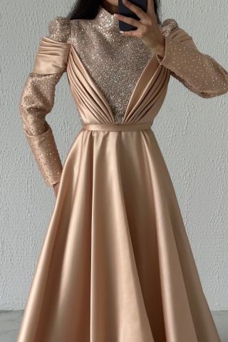 İnci Işıltılı Drapeli  Saten Tesettür Abiye Bakır