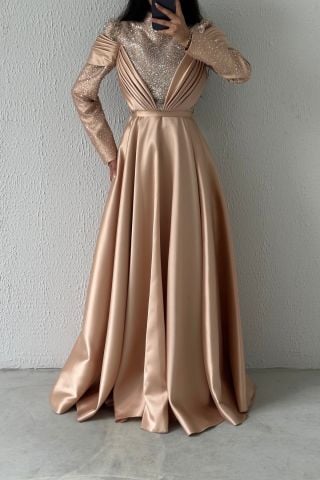 İnci Işıltılı Drapeli  Saten Tesettür Abiye Bakır