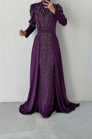 Satin Hijab Evening Dress Purple with Stone Embroidered Cape
