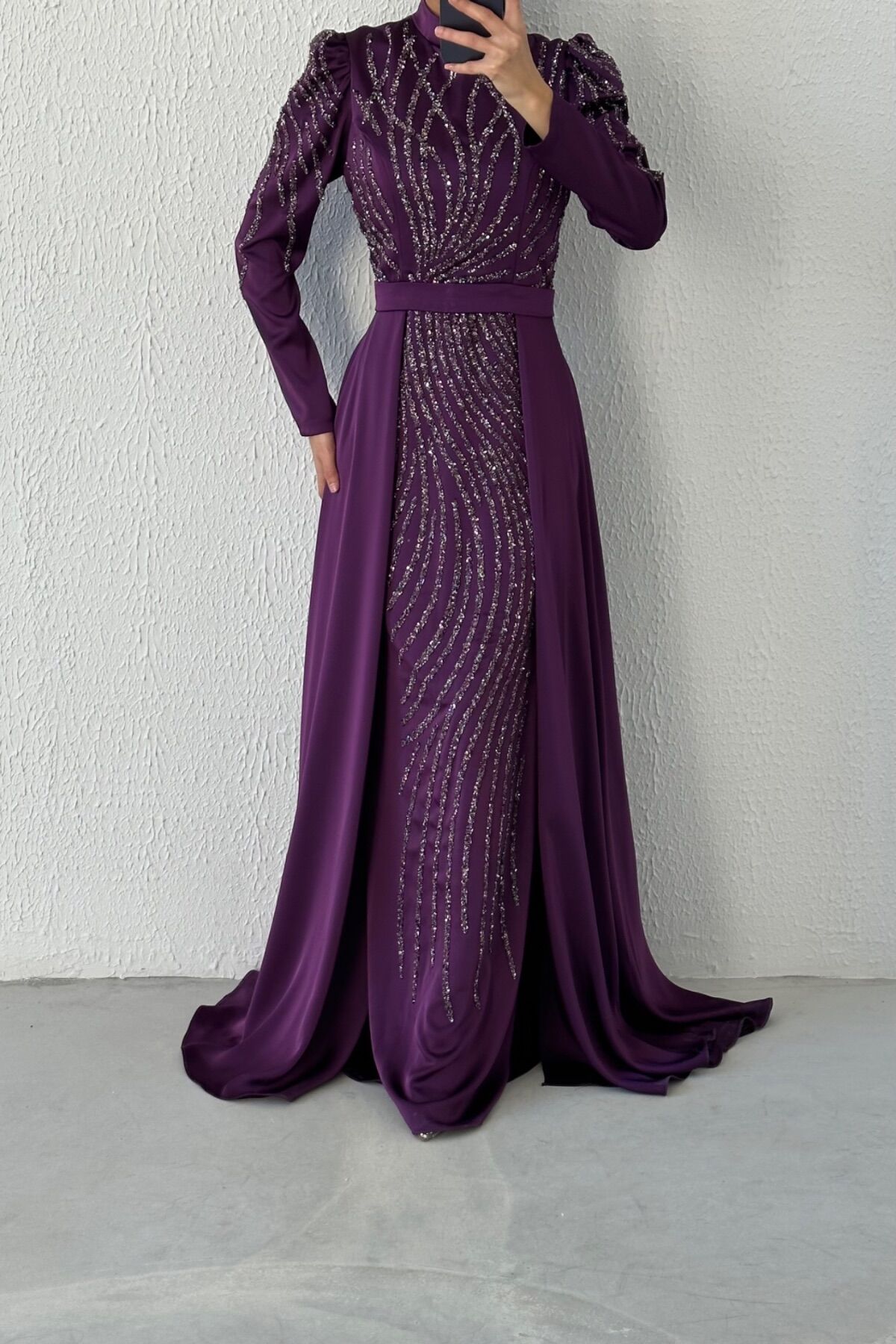 Satin Hijab Evening Dress Purple with Stone Embroidered Cape