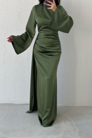 Kuyruk Detaylı Saten Tesettür Abiye Haki