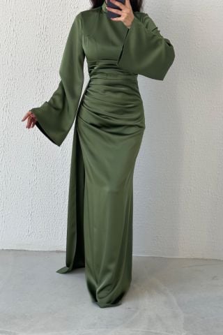 Tail Detailed Satin Hijab Evening Dress Khaki