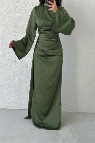 Kuyruk Detaylı Saten Tesettür Abiye Haki