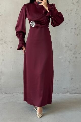 Elegant Design Stone Detailed Flounce Sleeve Hijab Evening Dress Plum