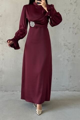 Elegant Design Stone Detailed Flounce Sleeve Hijab Evening Dress Plum