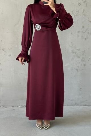 Elegant Design Stone Detailed Flounce Sleeve Hijab Evening Dress Plum