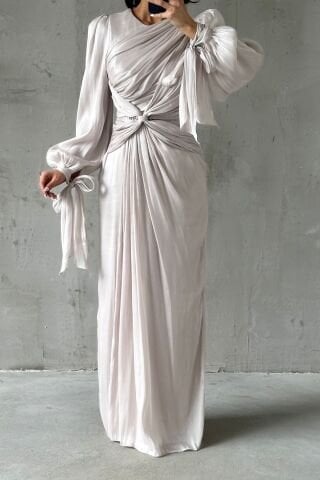 Zarif Tasarım Drape Detaylı Tesettür Abiye Taş