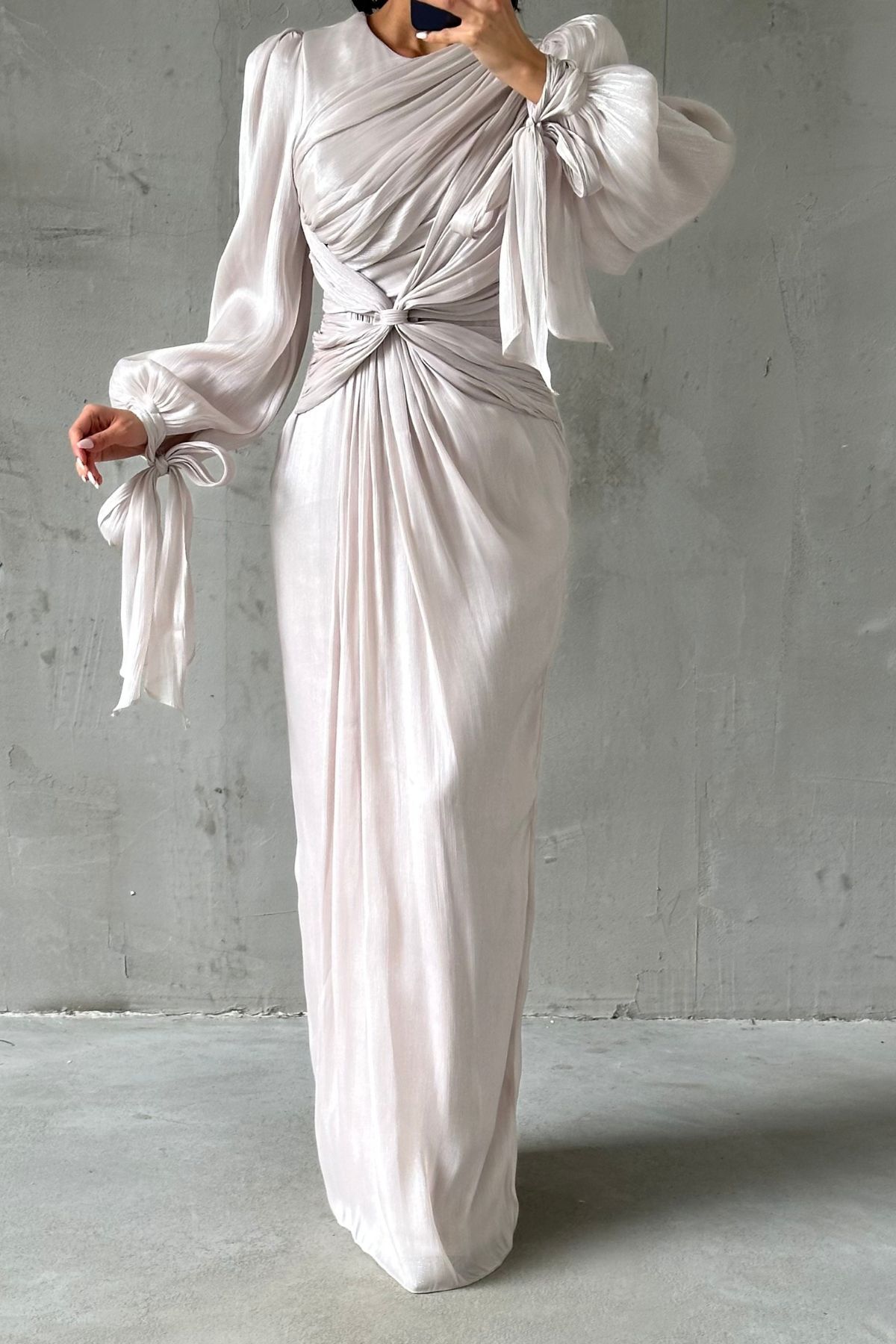 Zarif Tasarım Drape Detaylı Tesettür Abiye Taş