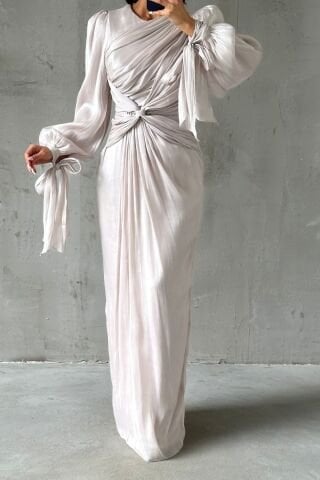 Elegant Design Drape Detailed Hijab Evening Dress Stone