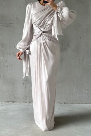 Zarif Tasarım Drape Detaylı Tesettür Abiye Taş