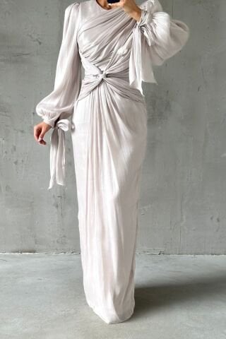 Zarif Tasarım Drape Detaylı Tesettür Abiye Taş