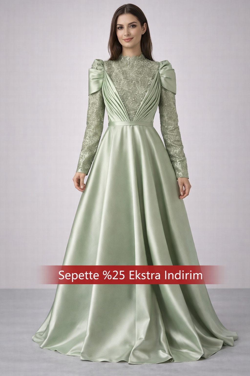 İnci Işıltılı Drapeli  Saten Tesettür Abiye Mint Yeşili