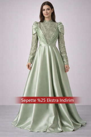 İnci Işıltılı Drapeli  Saten Tesettür Abiye Mint Yeşili