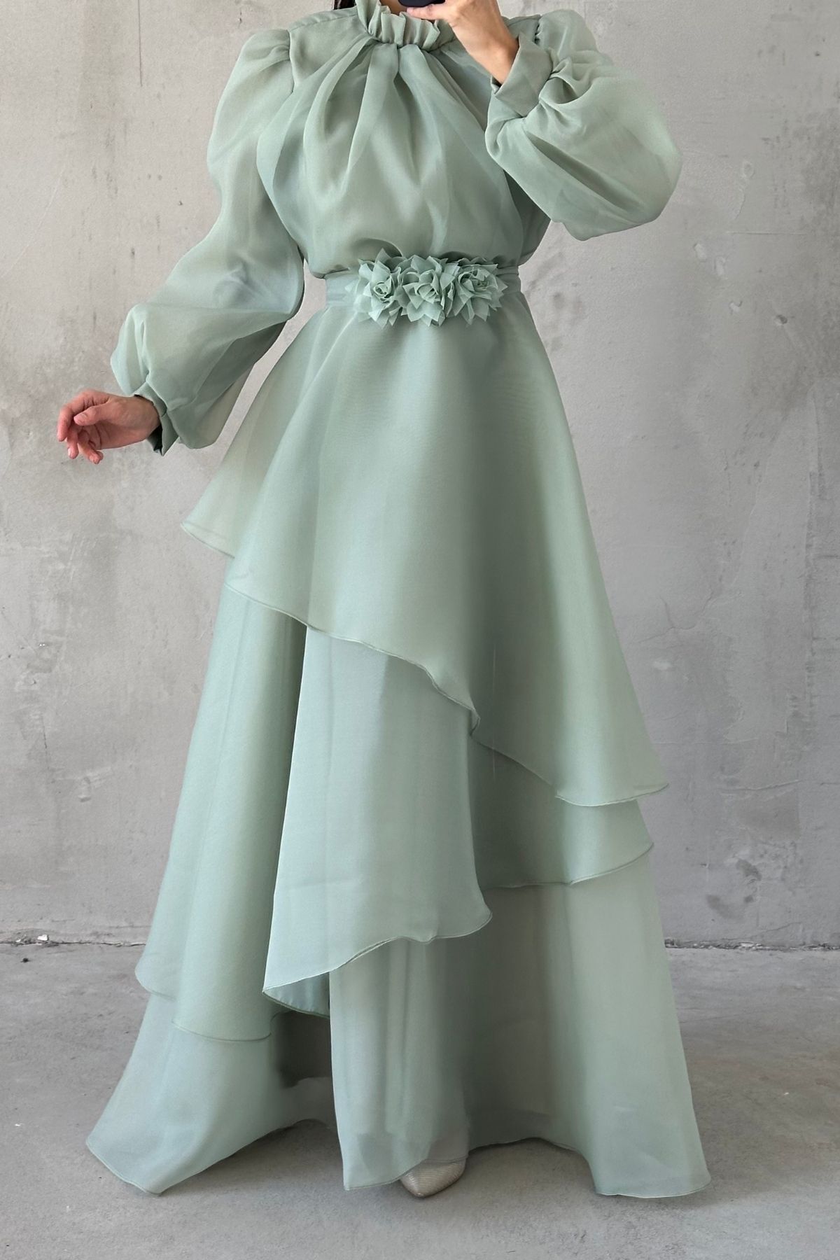 Organza Modest Evening Dress with Flower Belt Detail in Mint Green