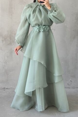 Organza Modest Evening Dress with Flower Belt Detail in Mint Green