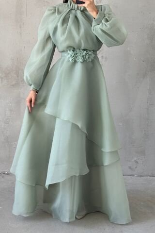Organza Modest Evening Dress with Flower Belt Detail in Mint Green