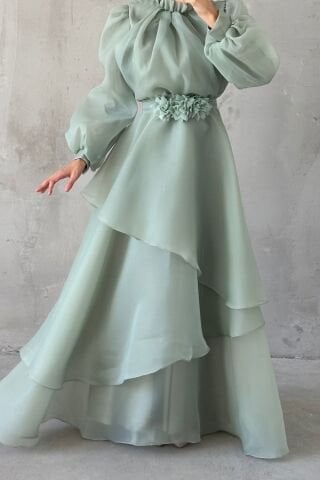 Organza Modest Evening Dress with Flower Belt Detail in Mint Green
