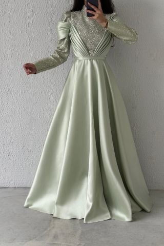 İnci Işıltılı Drapeli  Saten Tesettür Abiye Mint Yeşili