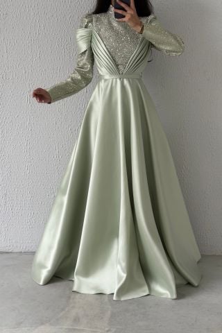 İnci Işıltılı Drapeli  Saten Tesettür Abiye Mint Yeşili