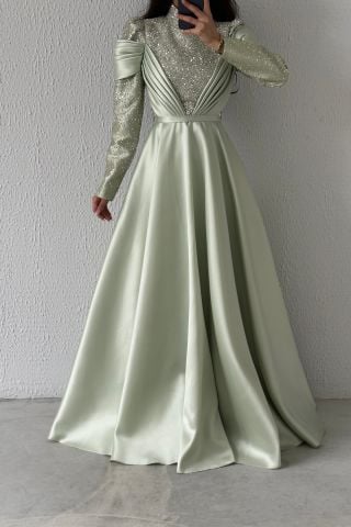 İnci Işıltılı Drapeli  Saten Tesettür Abiye Mint Yeşili