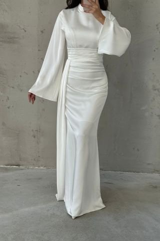 Tail Detailed Satin Hijab Evening Dress Ecru