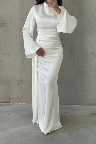 Kuyruk Detaylı Saten Tesettür Abiye Ekru