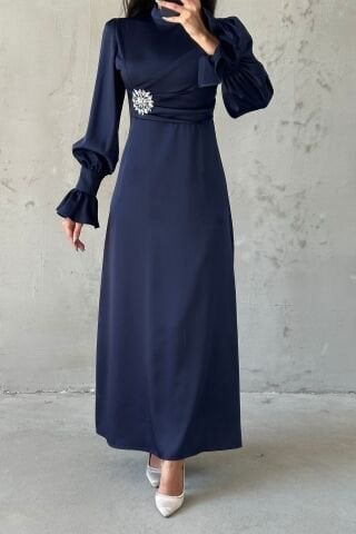 Elegant Design Stone Detailed Flounce Sleeve Hijab Evening Dress Navy Blue