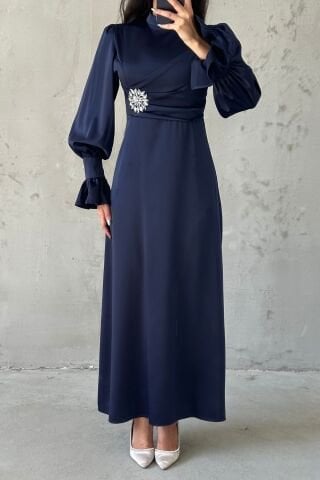 Elegant Design Stone Detailed Flounce Sleeve Hijab Evening Dress Navy Blue