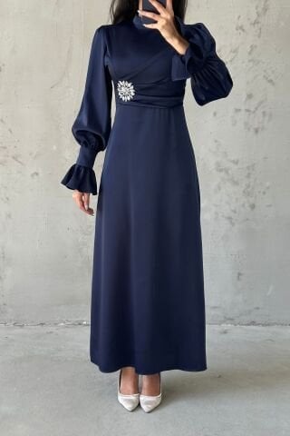 Elegant Design Stone Detailed Flounce Sleeve Hijab Evening Dress Navy Blue