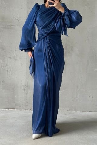 Elegant Design Drape Detailed Hijab Evening Dress Navy Blue