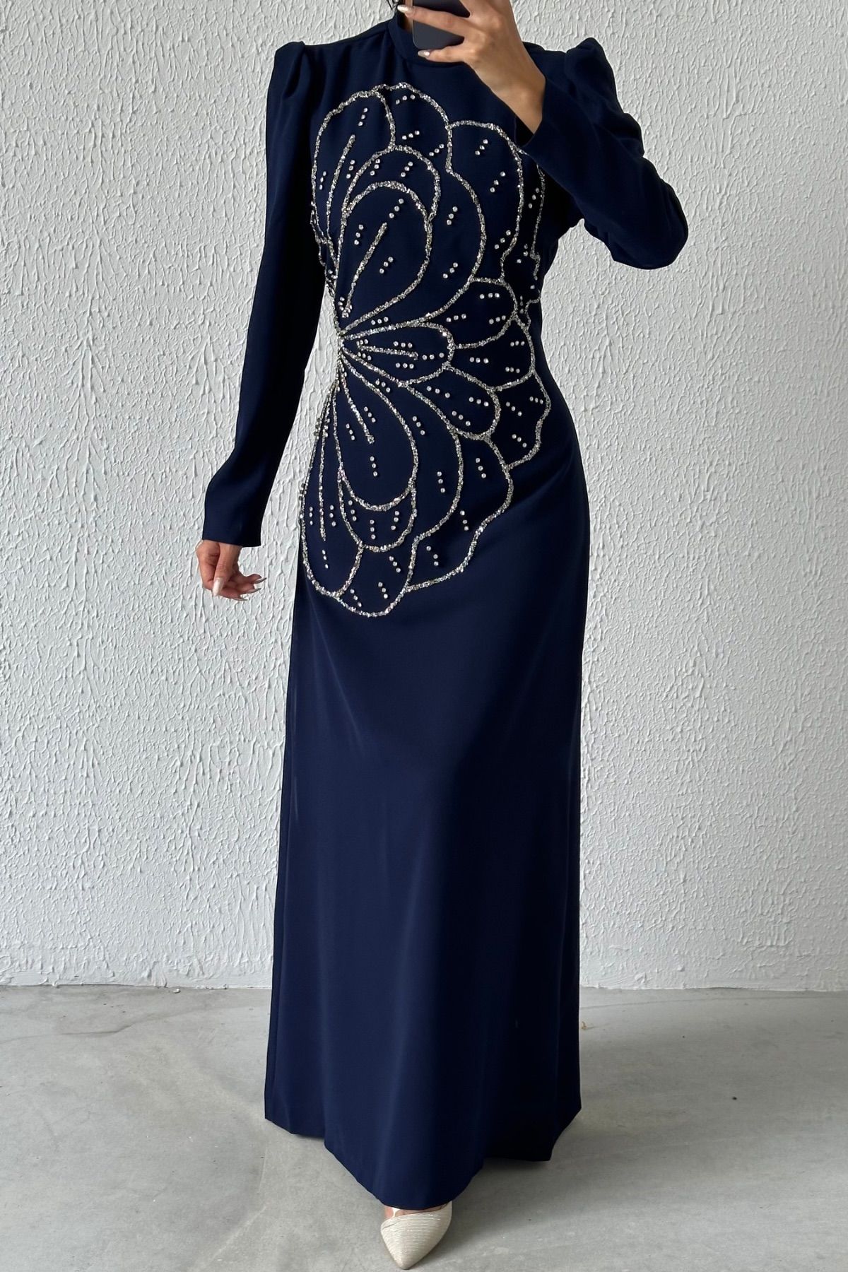 Unique Stone Embroidered Crepe Hijab Evening Dress Navy Blue