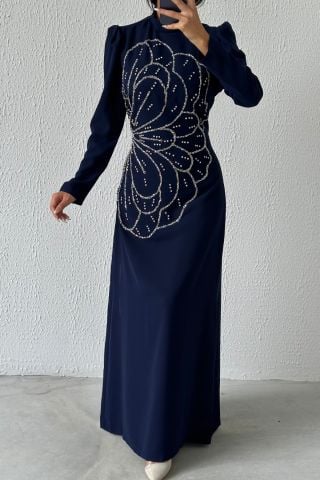 Unique Stone Embroidered Crepe Hijab Evening Dress Navy Blue