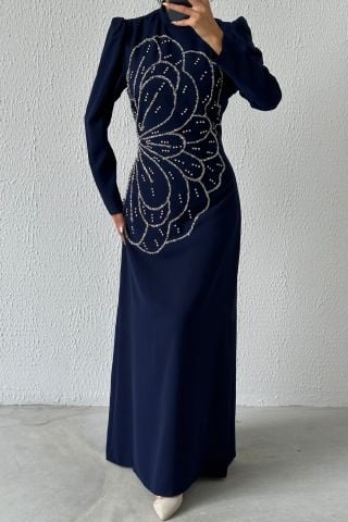 Unique Stone Embroidered Crepe Hijab Evening Dress Navy Blue