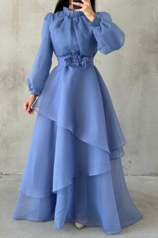 Çiçek Kemer Detaylı Organze Tesettür Abiye İndigo