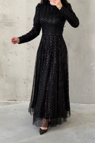 Parlak Pul İşlemeli Tesettür Abiye Siyah