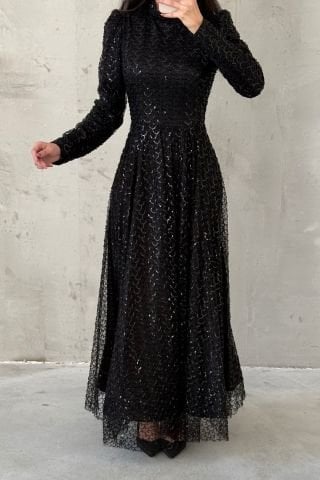 Parlak Pul İşlemeli Tesettür Abiye Siyah