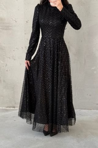 Parlak Pul İşlemeli Tesettür Abiye Siyah