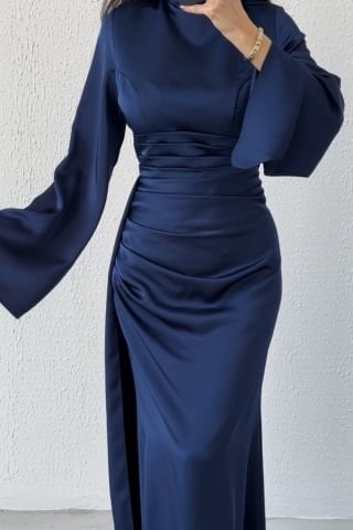 Tail Detailed Satin Hijab Evening Dress Navy Blue