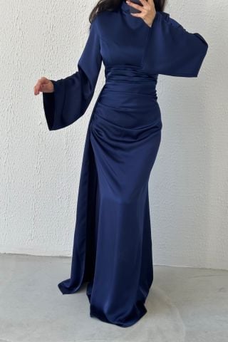 Tail Detailed Satin Hijab Evening Dress Navy Blue